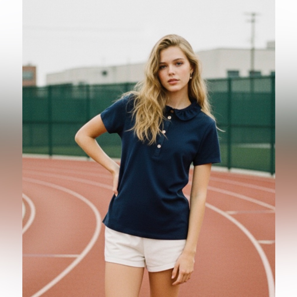 Elizabeth Mckay Shirt Blouse Henley Polo Ponte Knit Ruffle Silk Navy Blue
